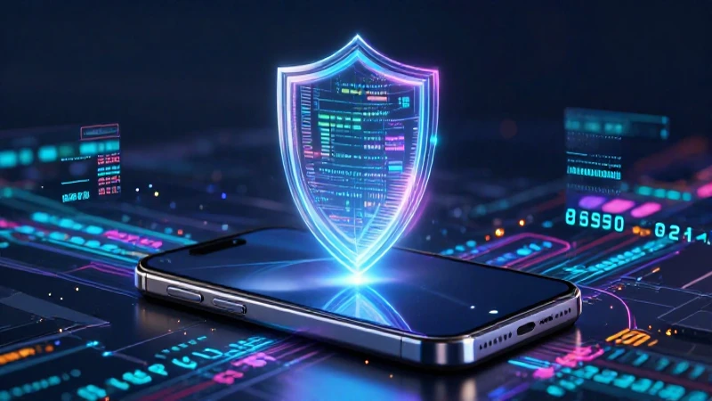 Smartphone futurista con escudo holográfico y datos