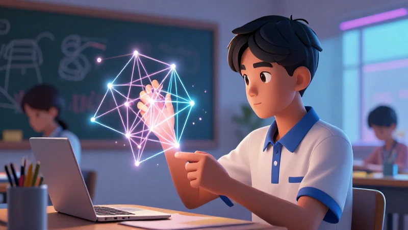 Estudiante analizando trayectoria geométrica con estilo cinematográfico