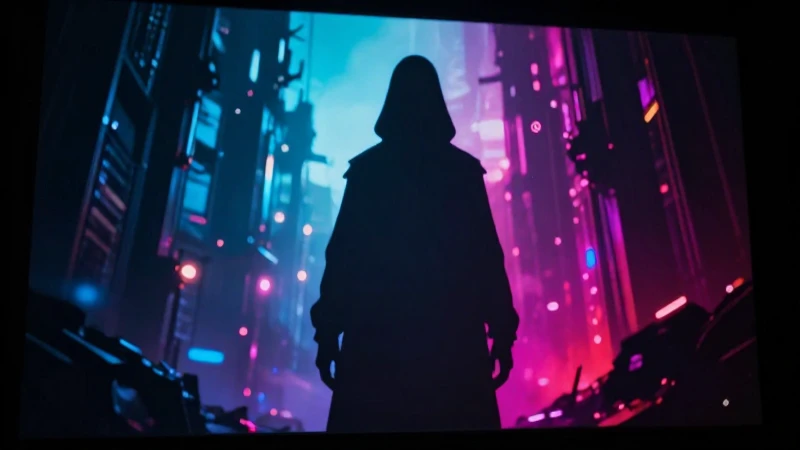 Figura oscura distópica, neón y contraste dramático