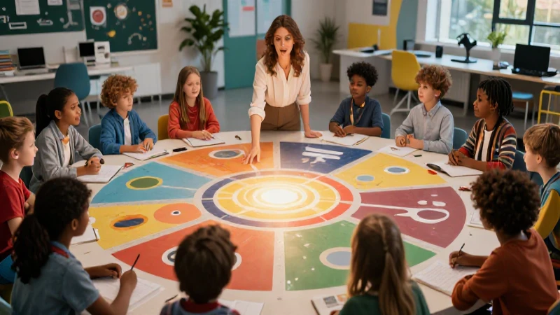 Educador guí jóvenes en un entorno moderno y vibrante