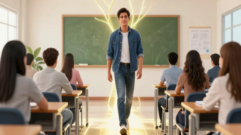 Joven estudiante camina por un camino iluminado en clase