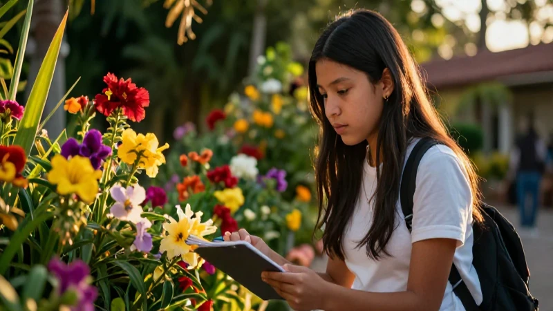 Estudiante mexicano observa jardín vibrante al atardecer