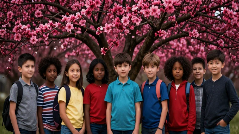 Niños diversos bajo un árbol floreciente