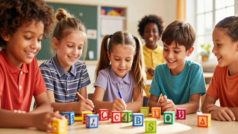 Ilustración vibrante de niños con bloques educativos