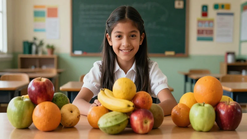 Estudiante alegre divide frutas en clase moderna