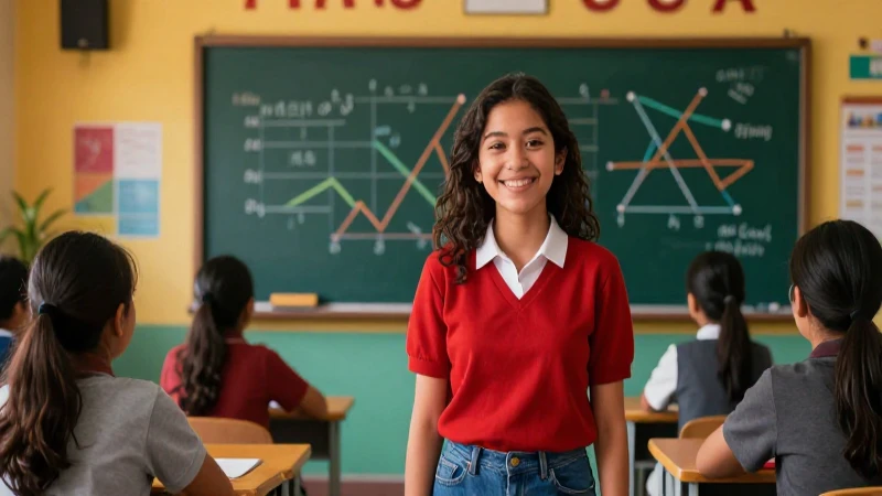 Estudiante alegre con patrones matemáticos modernos