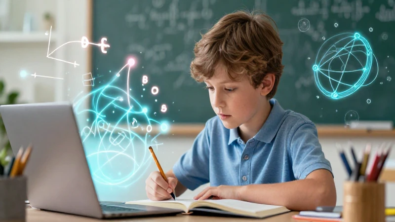 Ilustración educativa de estudiante con patrones matemáticos vibrantes