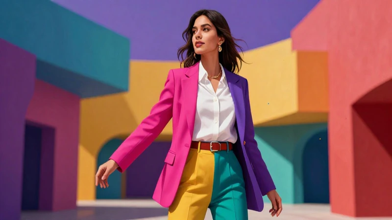 Diseñadora moderna en traje vibrante y geométrico
