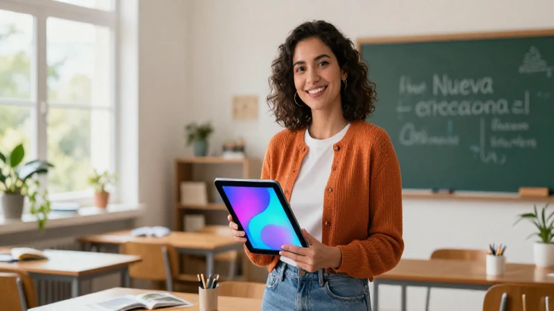 Docentes: Innovando con Aprendoencasayenclase para Todos 4 Profesora moderna usando tablet en ambiente cálido