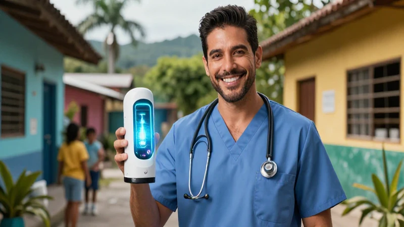 Doctor guatemalteco innovador sonríe confiado con su tecnología