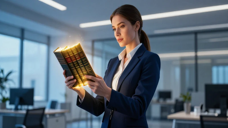 Estudiante de derecho con libros antiguos en oficina moderna
