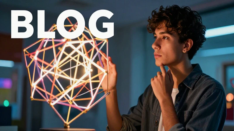 Joven intelectual examina estructura geométrica compleja con luz dramática