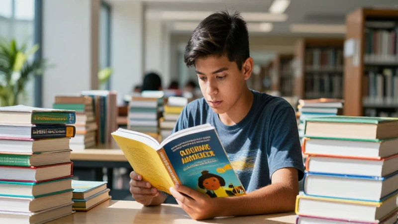 Estudiante mexicano lee en biblioteca con luz natural