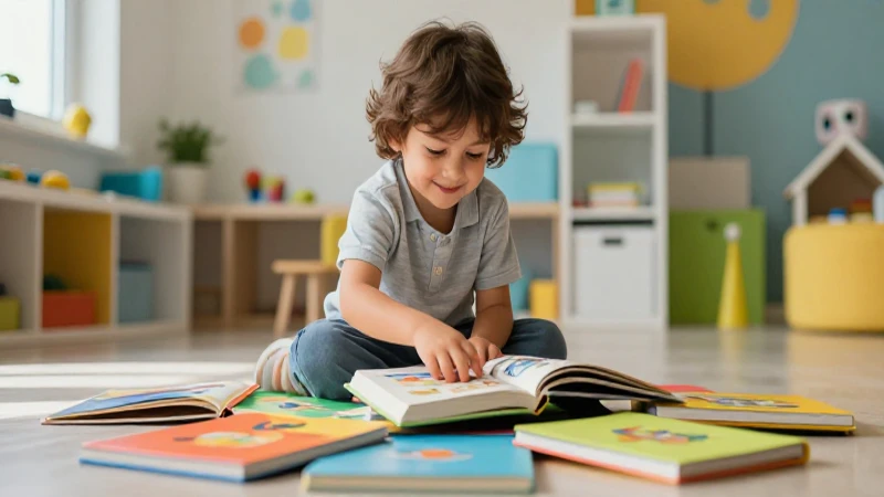 Niño sonriente con libros coloridos en set moderno