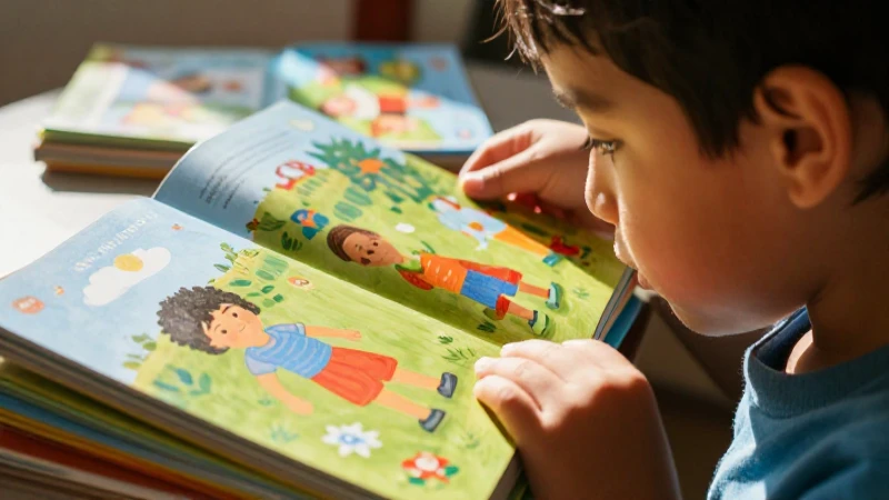 Niño curioso con libros de preescolar bajo luz vibrante