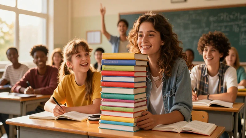 ¡Dona libros de texto en Madrid y ayuda a construir un futuro educado! 4 Estudiantes alegres en aula moderna y soleada