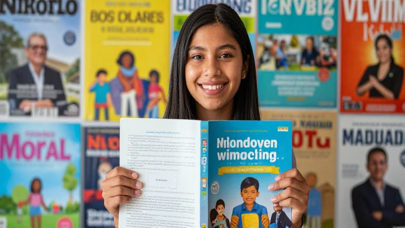 Estudiante mexicano sonríe con libros coloridos