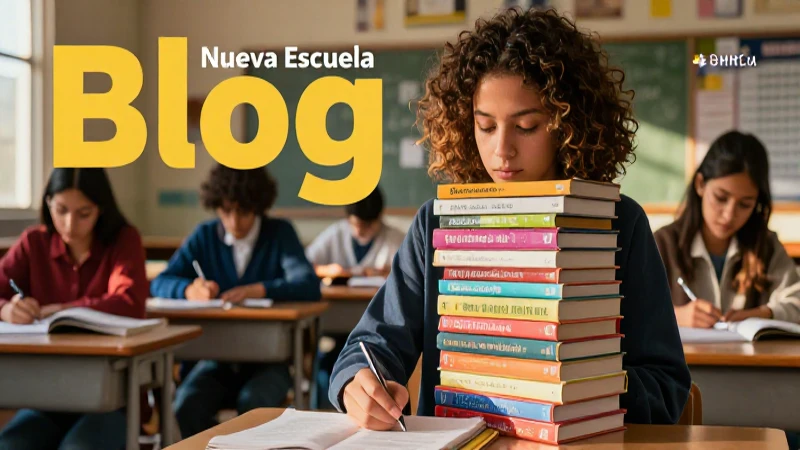Estudiante aprende con libros en ambiente moderno y vibrante