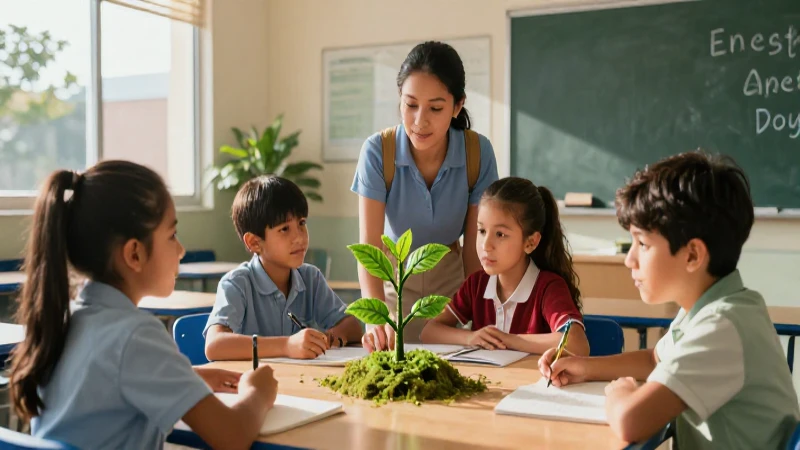 Niños mexicanos colaboran en un aula moderna y vibrante