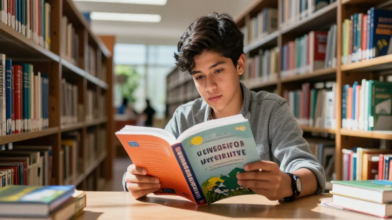 Estudiante enfocado estudia libro en moderna biblioteca mexicana
