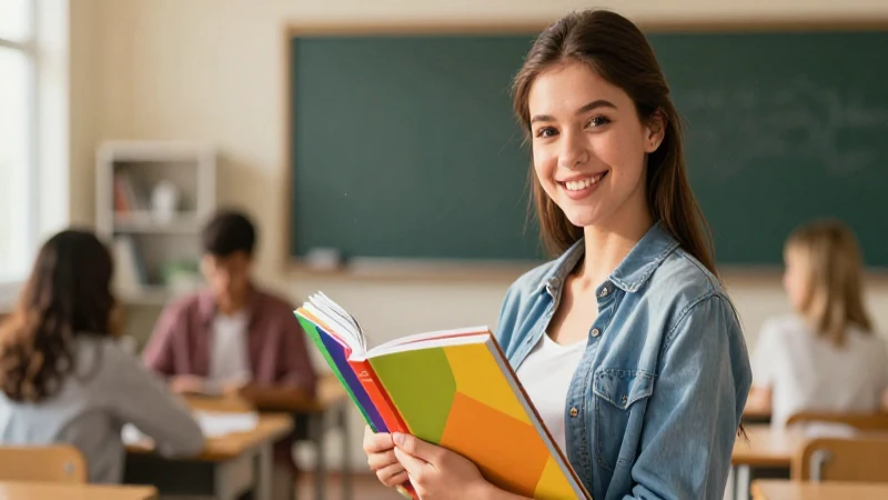 Estudiante sonriente con libros coloridos