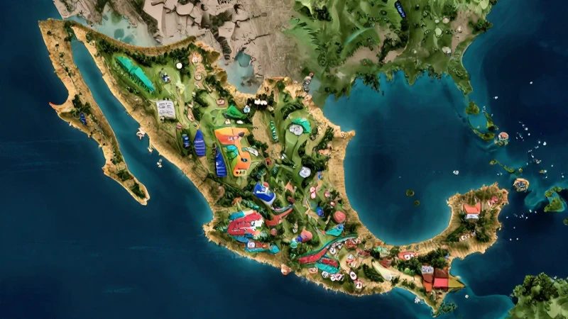Mapa 3D de México con paisajes vibrantes