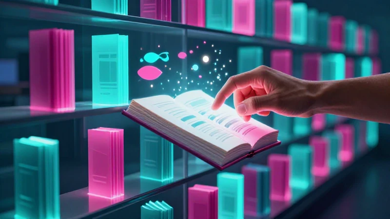 Mano estilizada organiza libros digitales futuristas