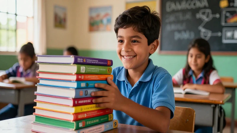 Dona libros de texto y genera un impacto positivo en comunidades 3 Niño sonriente con libros en aula mexicana