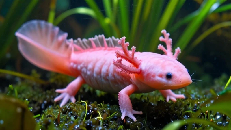 Axolote hiperrealista rosado en humedal de Xochimilco