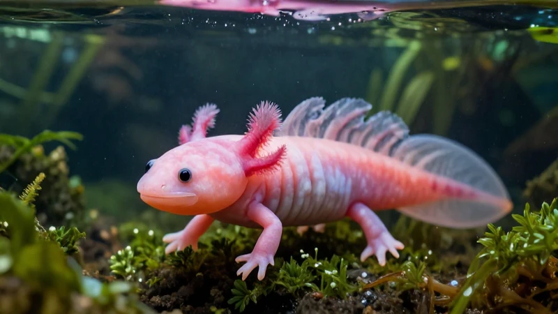 Axolote rosado en humedal, contrastando naturaleza y contaminación