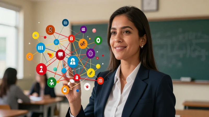 Educadora en un aula vibrante rodeada de conocimiento