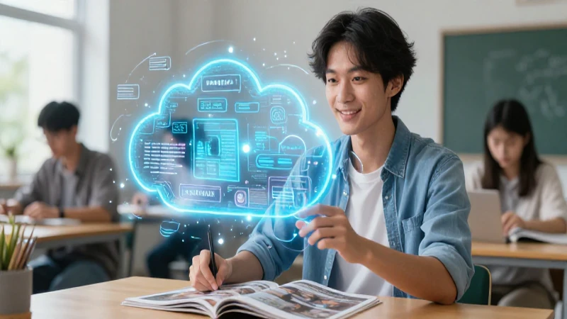 Educador joven dinámico con datos holográficos