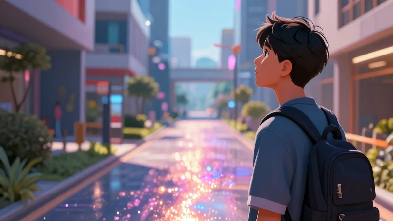 Estudiante contempla camino de conocimiento vibrante