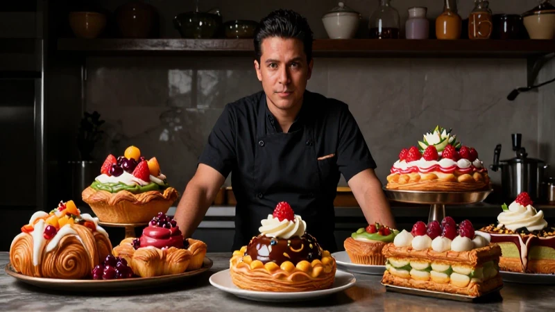 Autor culinario con pan artesanal, estilo editorial vibrante