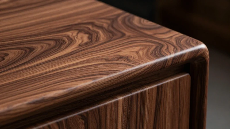 Mueble de nuez artesanal en primer plano con iluminación dramática