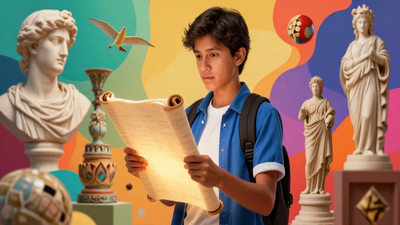 Ecléctica: Definición en Filosofía y Arte Ecléctico 4 Estudiante mexicano con pergamino rodeado de arte