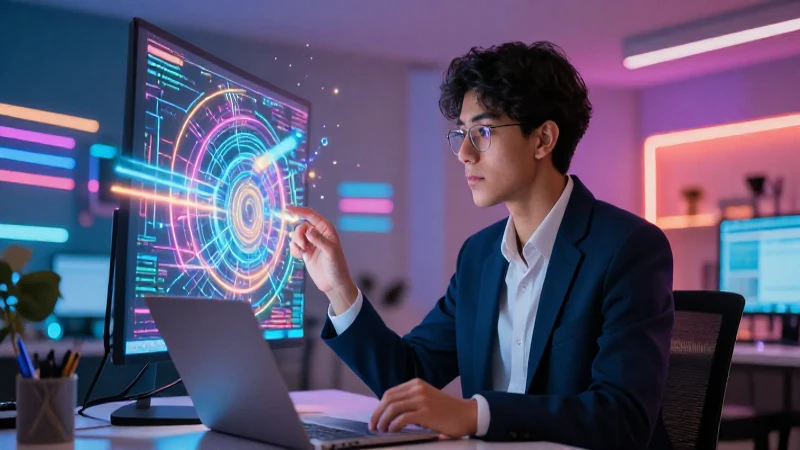 Estudiante analiza modelo económico digital vibrante