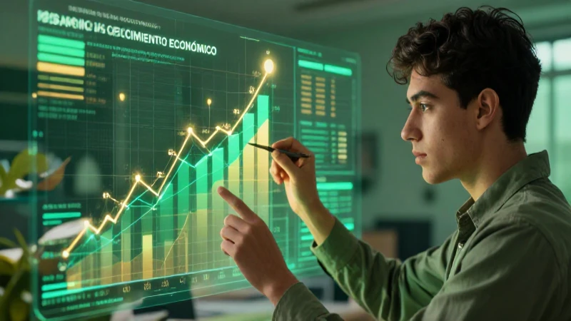 Estudiante analizando datos económicos futuristas con estilo vibrante