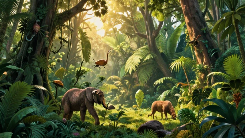 Bosque tropical vibrante bajo luz dorada