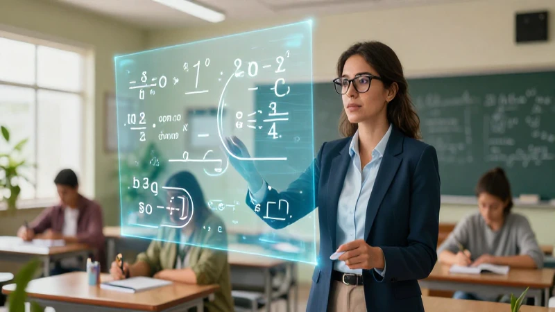 Profesor mexicano educativo con visualización holográfica en clase moderna