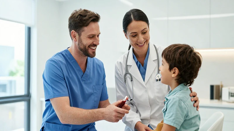 Pediatra sonriente examina a feliz niño