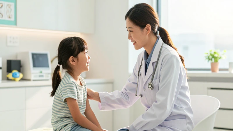 Especialista pediatra sonríendo a niño alegre en clínica moderna