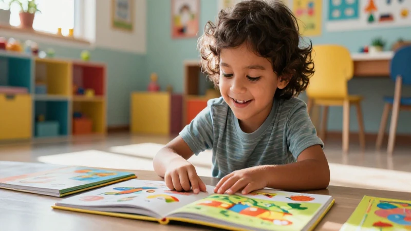 Niño sonriente aprende con libros en entorno moderno