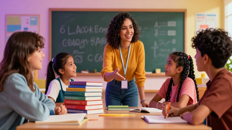 Maestra guía estudiantes en aula vibrante