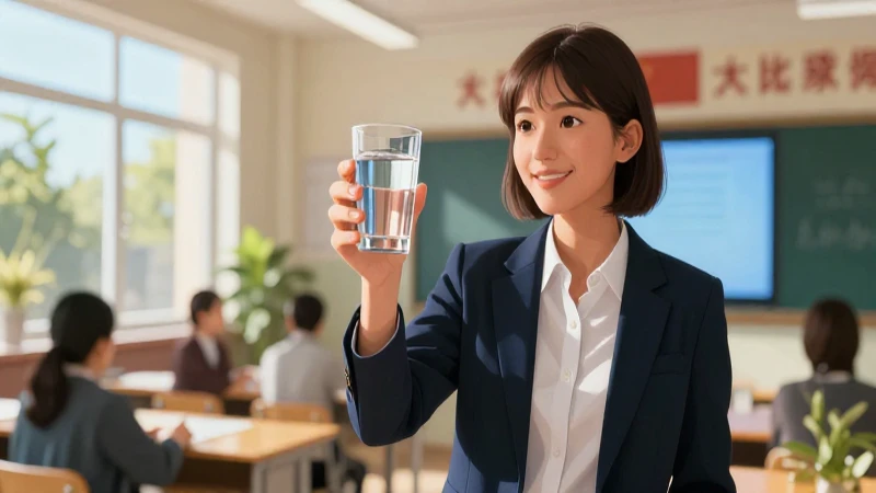 Líder joven con agua en aula moderna
