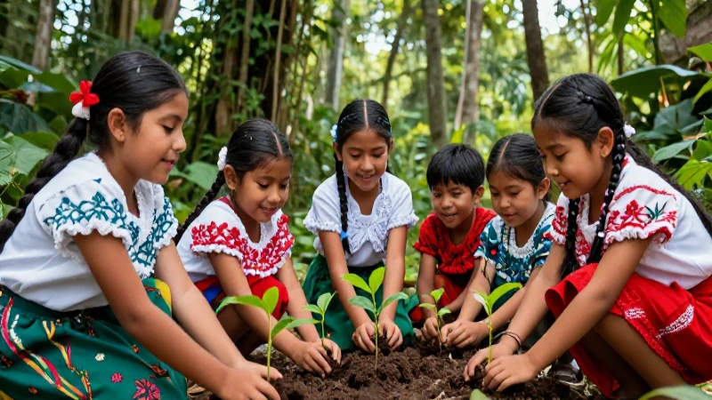 Niños felices plantando en un hermoso bosque