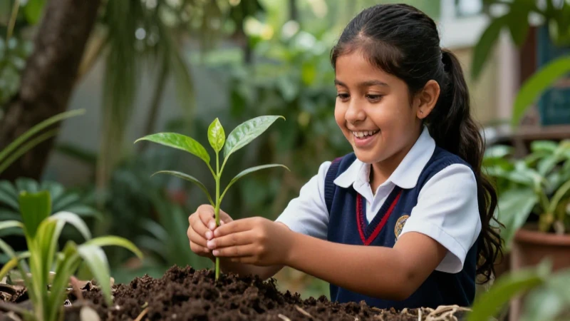 Joven alumno cultiva naturaleza con alegría