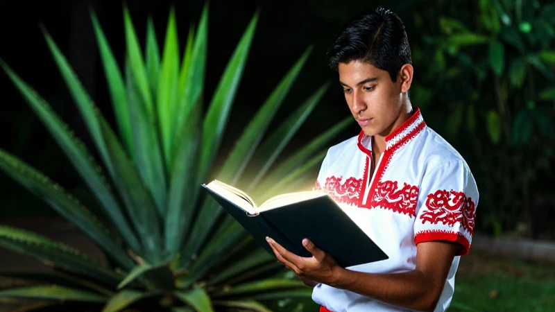 Joven mexicano con libro luminoso y agave
