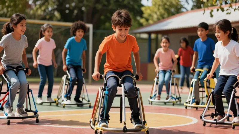 Niños felices en deportes adaptados con estética de revista