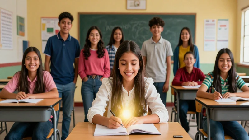 Estudiantes mexicanos alegres en aula moderna